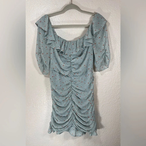 ASTR The Label Dress Short Sleeve Ruffle Neck Ruched Teal Multi Ditsy Women’s M - Picture 14 of 14
